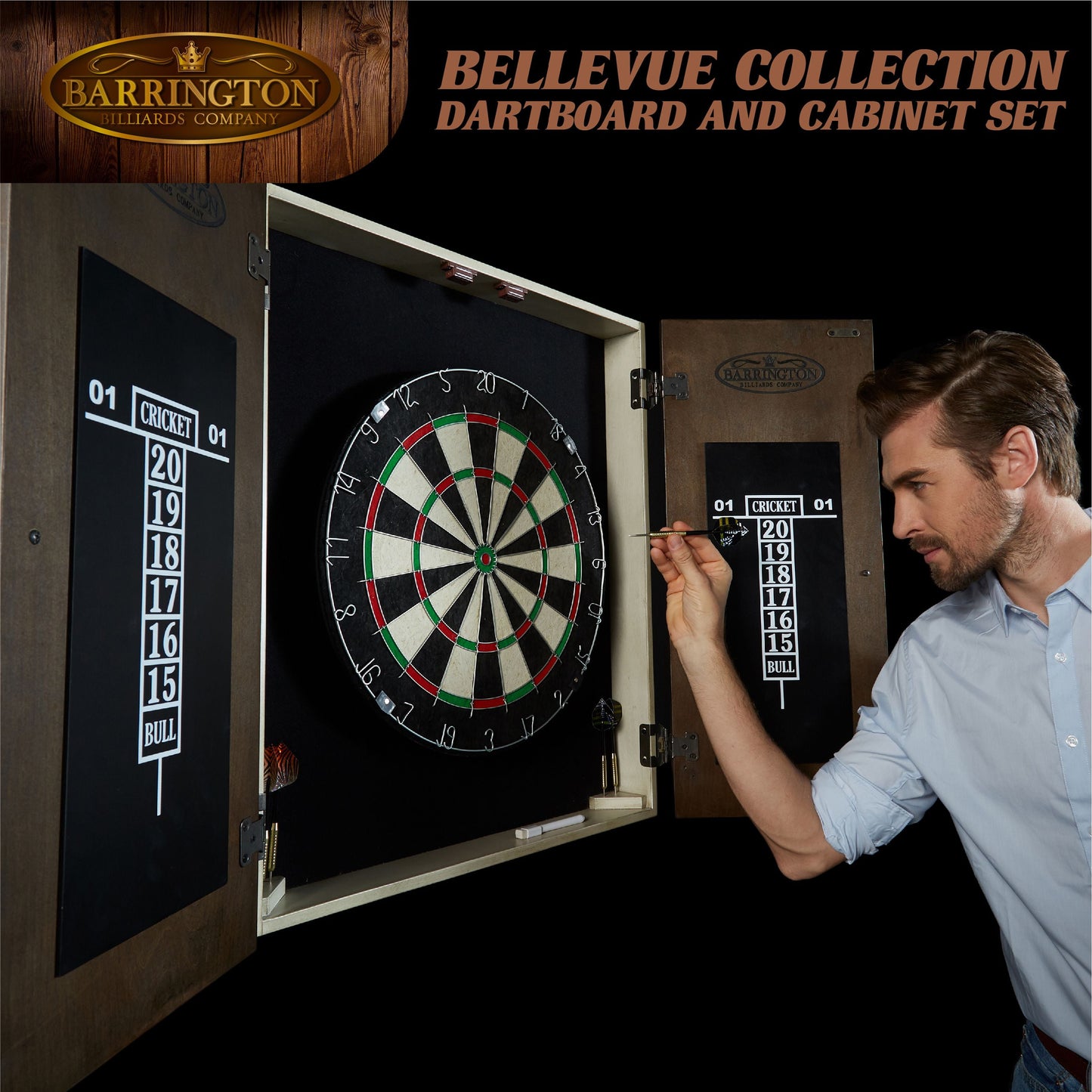 Bellevue Wood Dartboard Cabinet with 18-Inch Bristle Dartboard and Steel Tip Dart Set Perfect for Cricket by