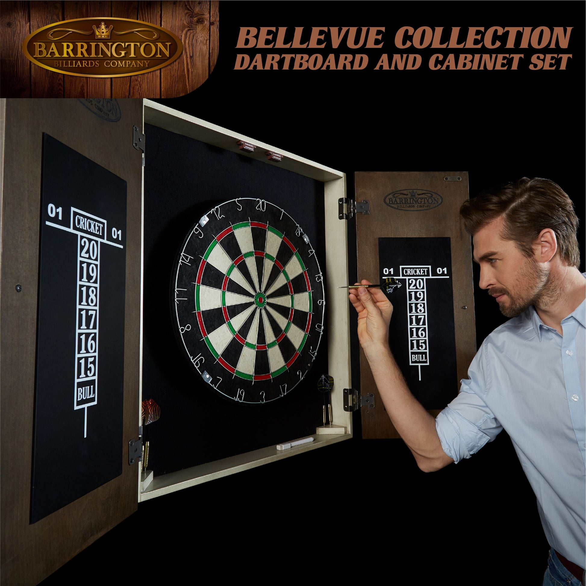 Bellevue Wood Dartboard Cabinet with 18-Inch Bristle Dartboard and Steel Tip Dart Set Perfect for Cricket by