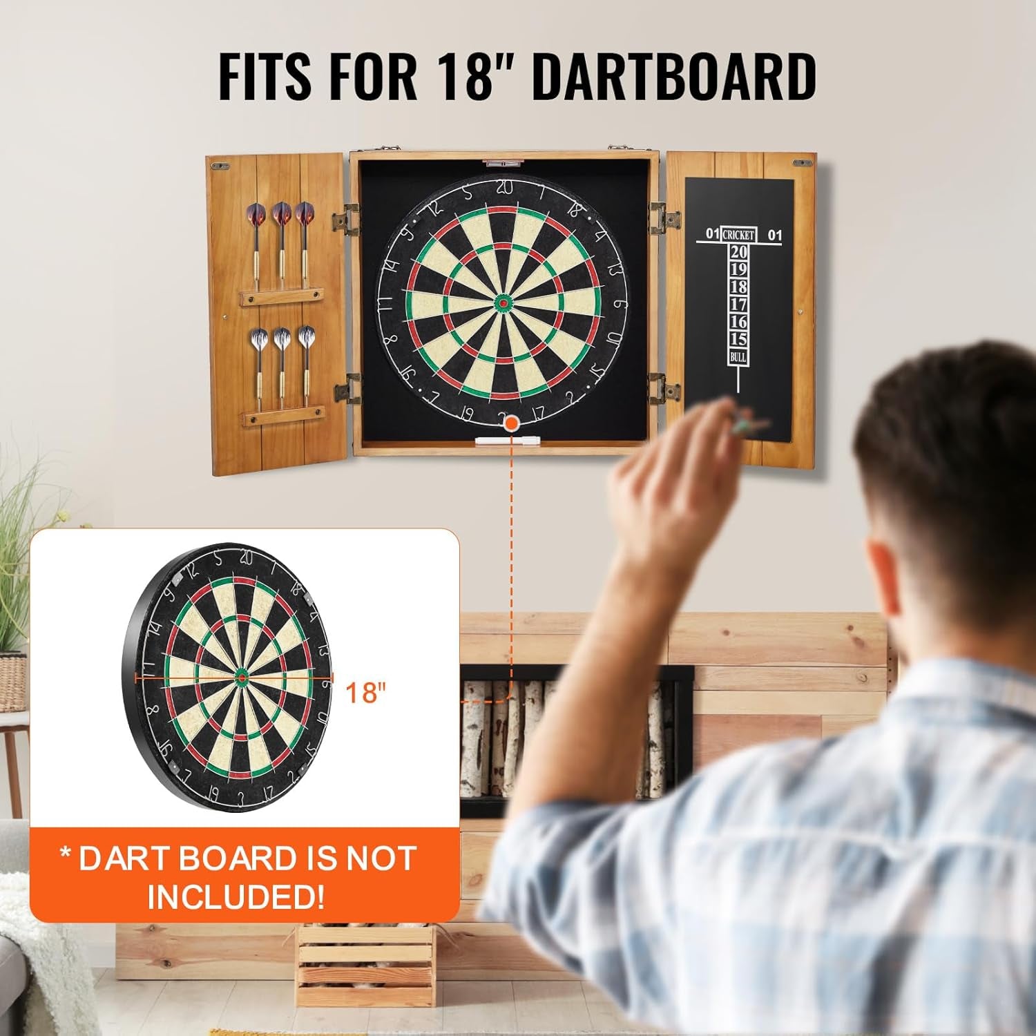 Dartboard Cabinet, Solid Wood Dartboard Cabinet Set, Official Size Hideaway Cabinet with Socreboard and Accessories, Features Easy Assembly, Idea for Cricket Games (Dartboard Not Included)