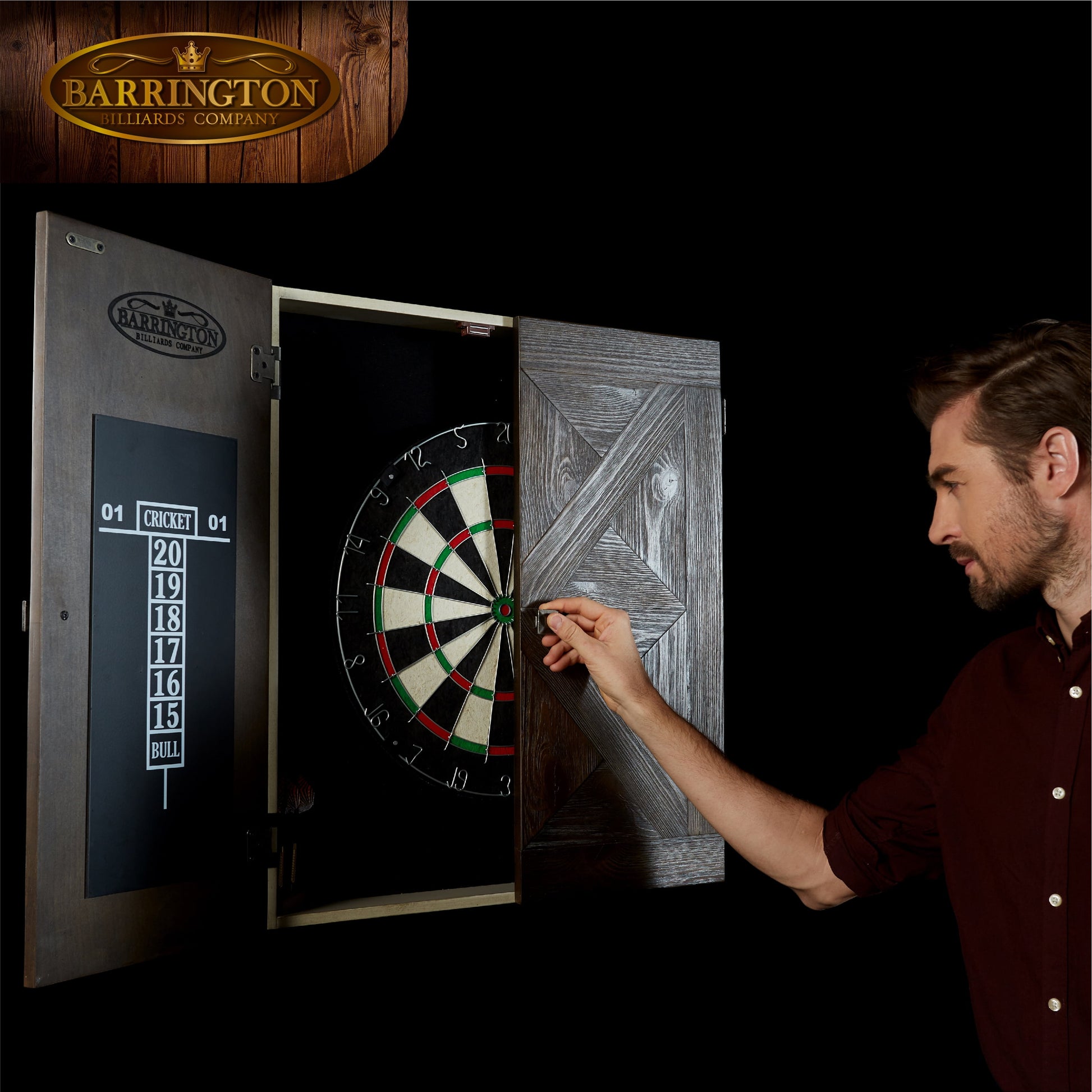 Bellevue Wood Dartboard Cabinet with 18-Inch Bristle Dartboard and Steel Tip Dart Set Perfect for Cricket by