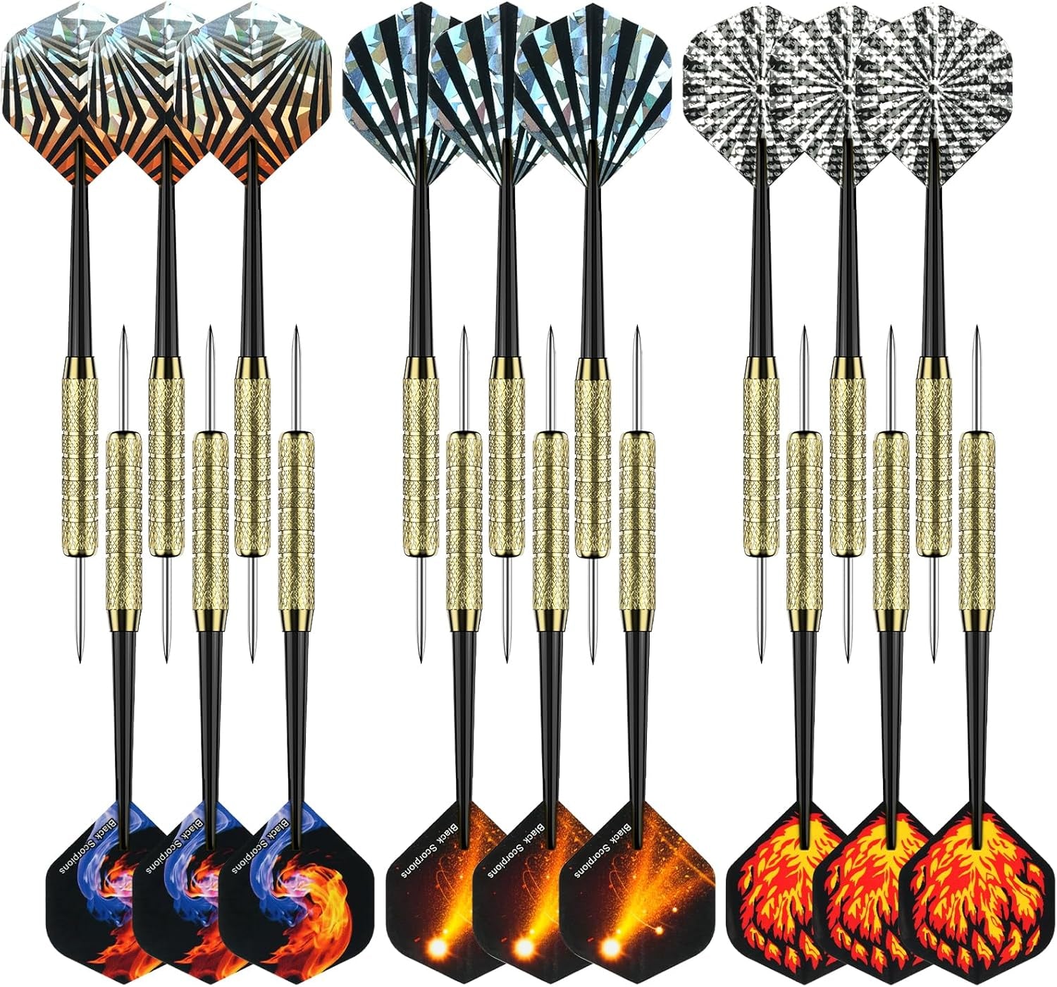 Darts Metal Tip Dart Set: Steel Tip Darts Set Professional Darts Brass Barrels Metal Tip Darts Extra Flights Premium Darts 18 Pcs for Dartboard with 6 Free PVC Dart Rods and Carrying Bag