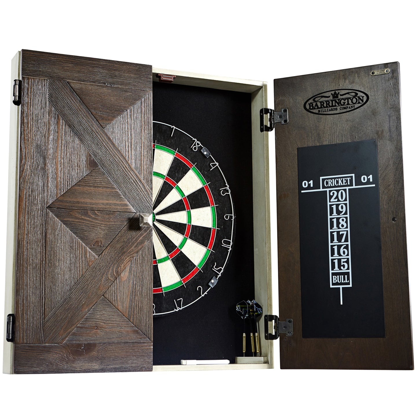 Bellevue Wood Dartboard Cabinet with 18-Inch Bristle Dartboard and Steel Tip Dart Set Perfect for Cricket by