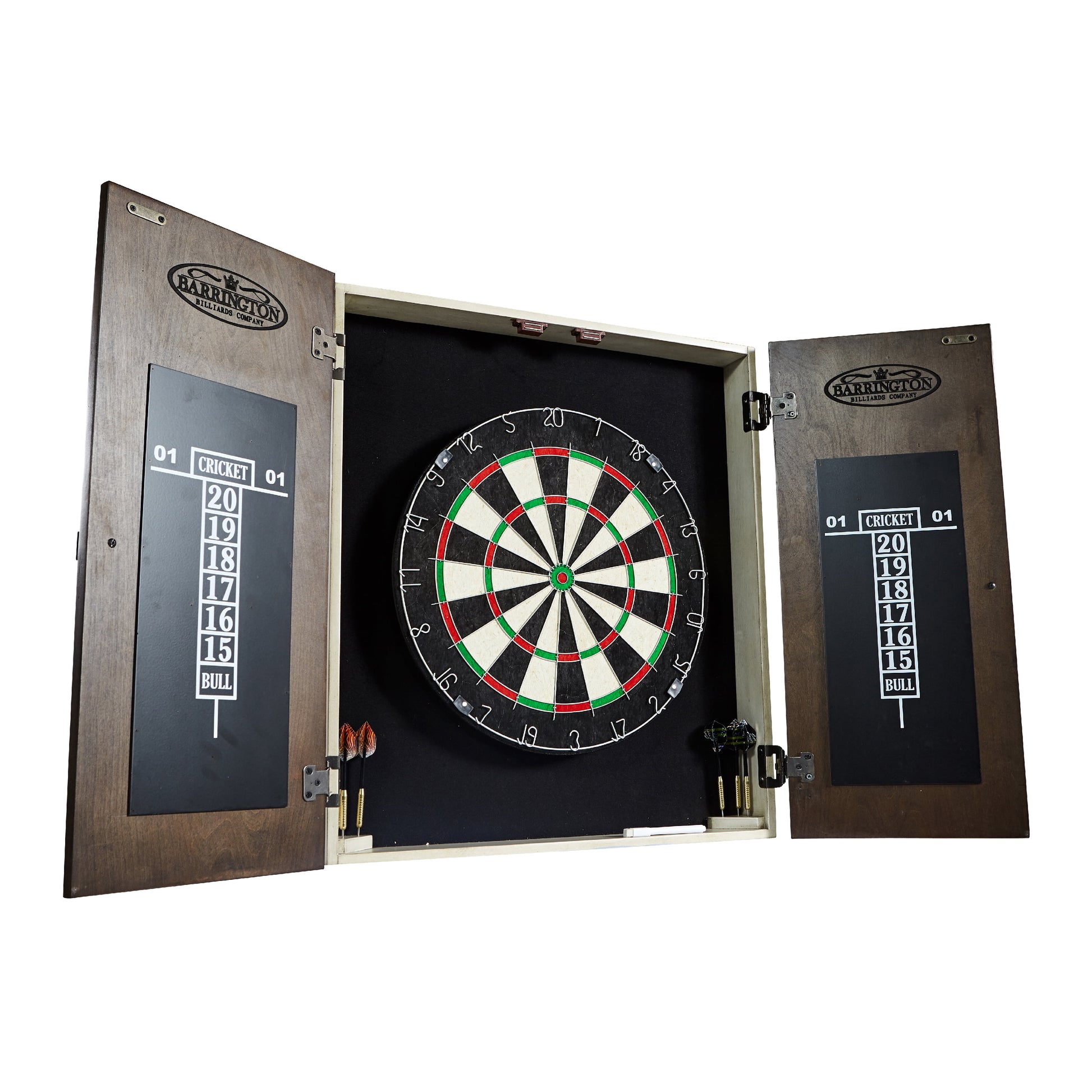 Bellevue Wood Dartboard Cabinet with 18-Inch Bristle Dartboard and Steel Tip Dart Set Perfect for Cricket by