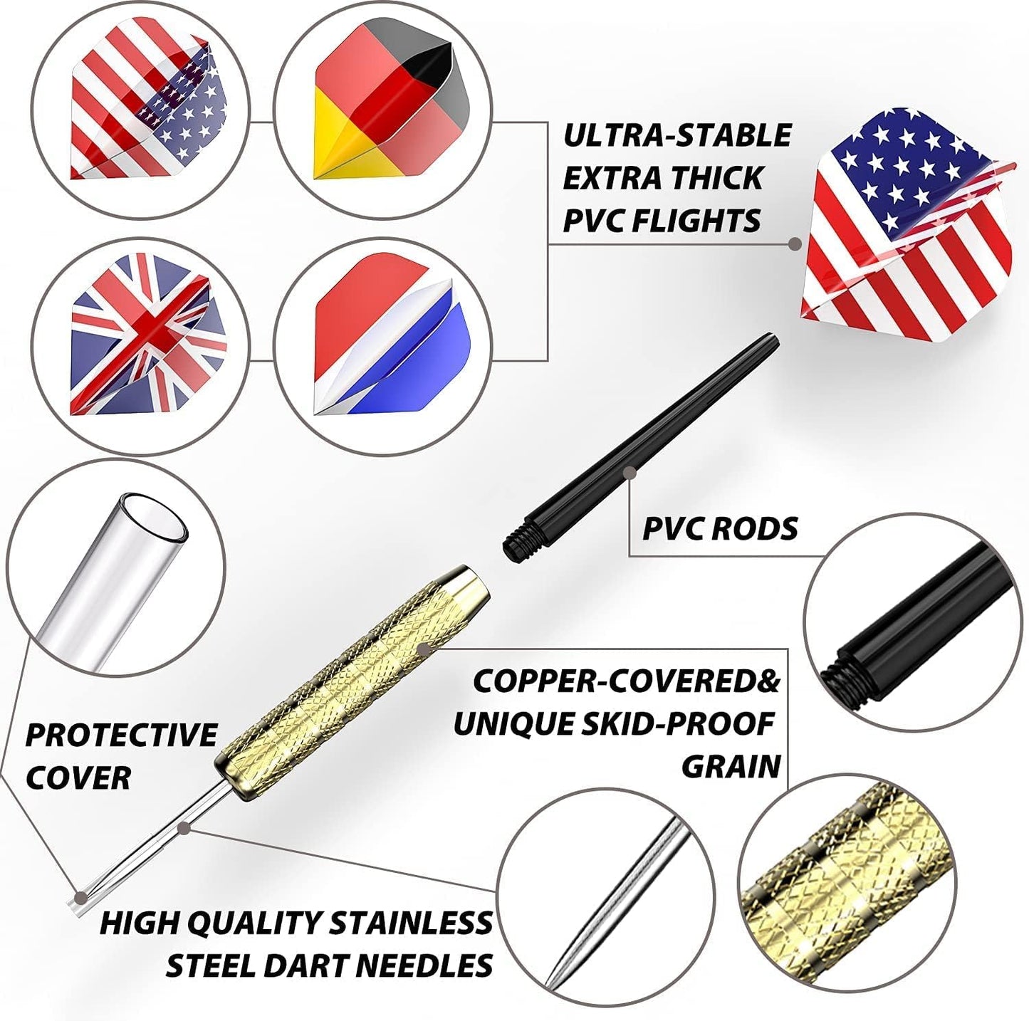 Steel Tip Darts, Professional Metal Darts with National Flag Flights (4 Styles) - Dart Metal Tip Set, 12 Pcs Metal Dart, Darts for Dartboard with 3 Free PVC Dart Rods
