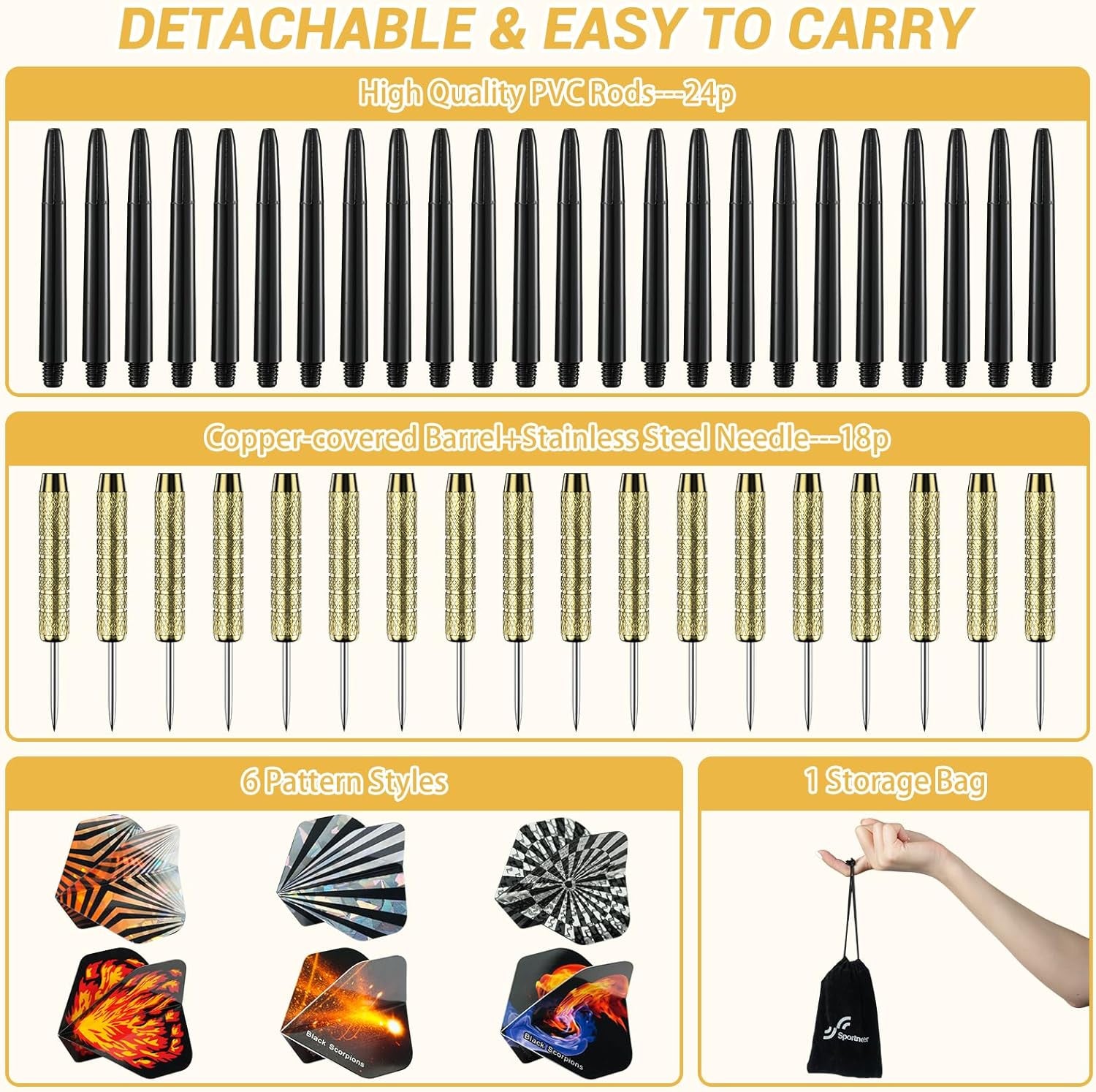 Darts Metal Tip Dart Set: Steel Tip Darts Set Professional Darts Brass Barrels Metal Tip Darts Extra Flights Premium Darts 18 Pcs for Dartboard with 6 Free PVC Dart Rods and Carrying Bag
