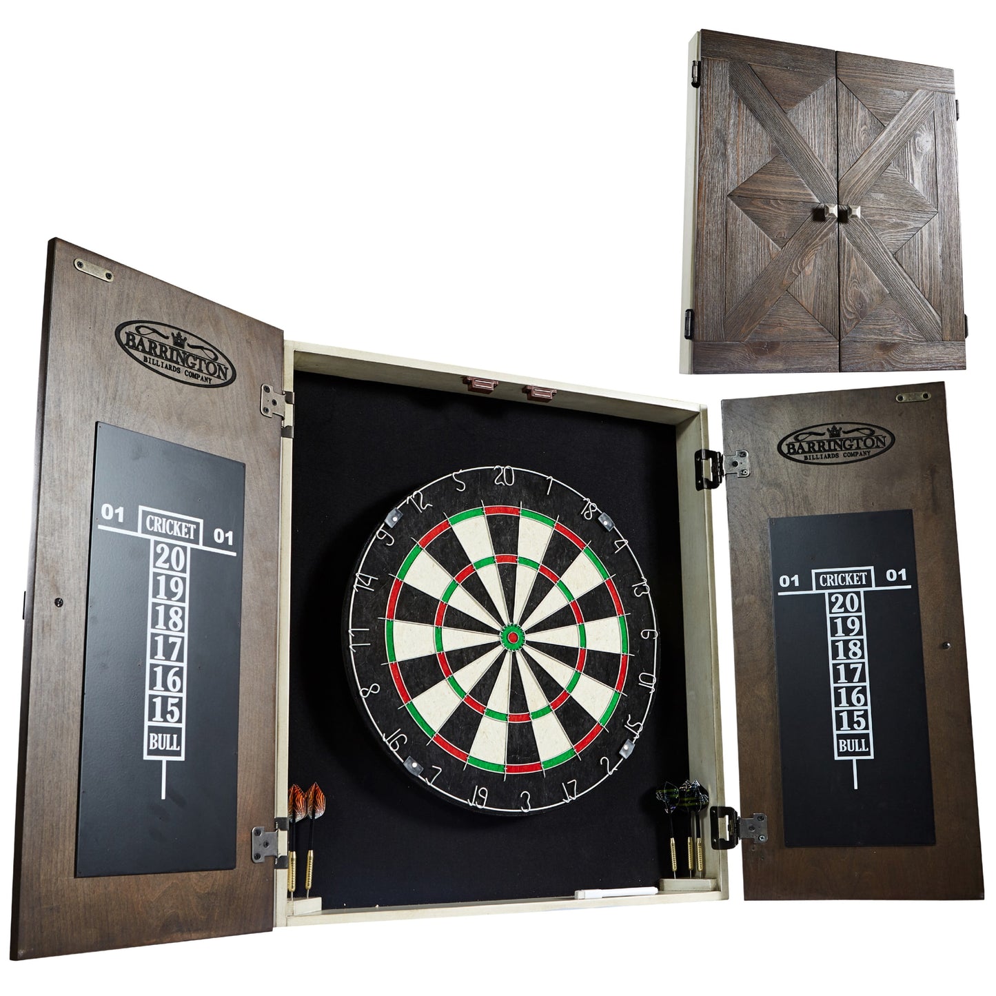 Bellevue Wood Dartboard Cabinet with 18-Inch Bristle Dartboard and Steel Tip Dart Set Perfect for Cricket by