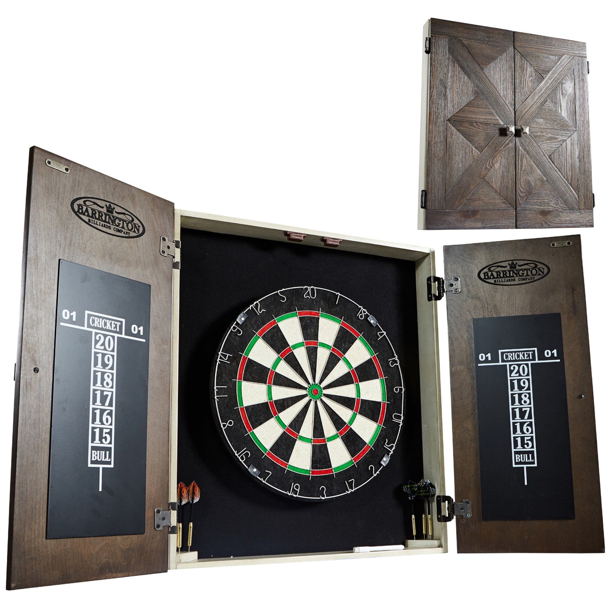 Bellevue Wood Dartboard Cabinet with 18-Inch Bristle Dartboard and Steel Tip Dart Set Perfect for Cricket by