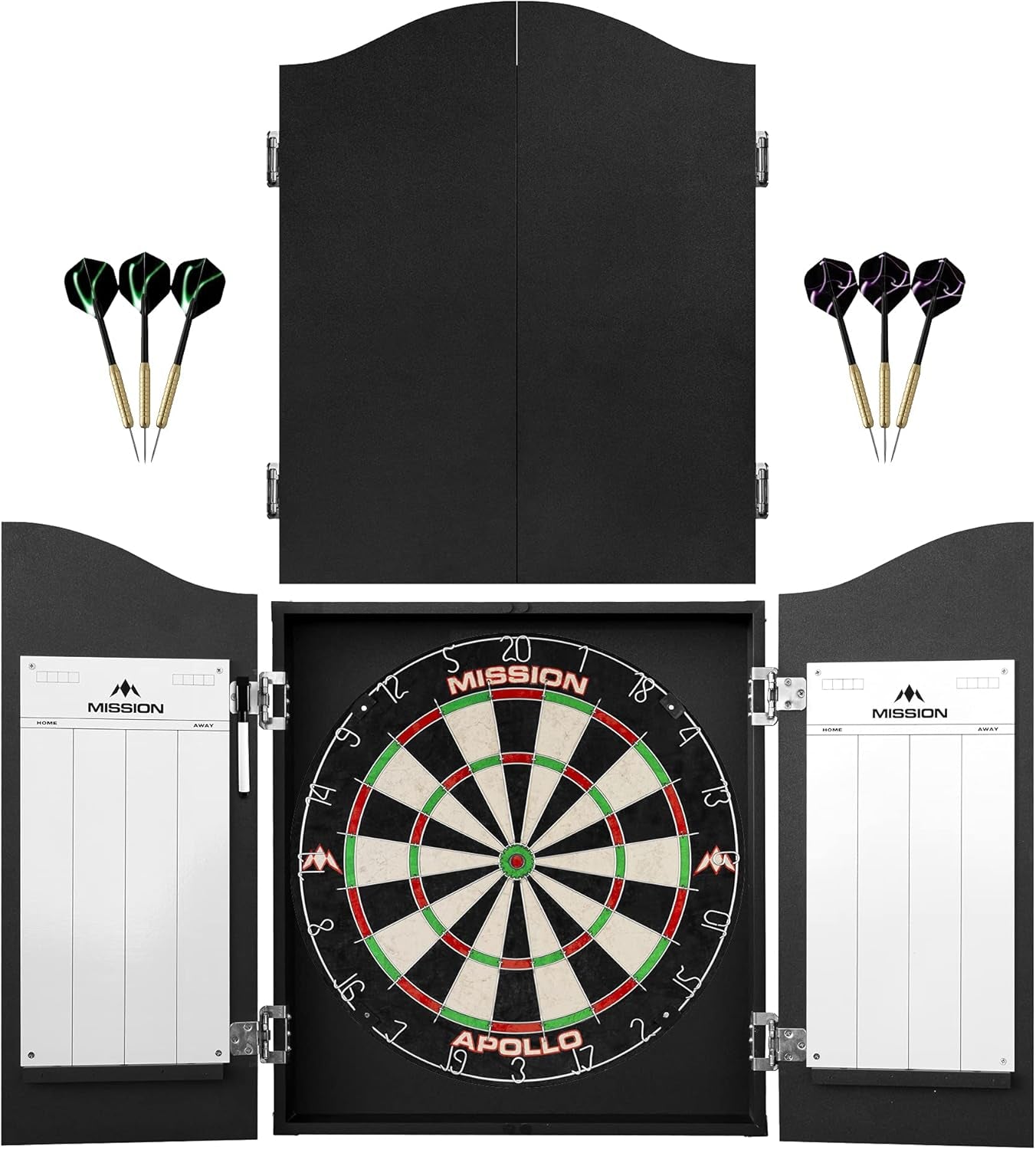 Home Centre | Complete Darts Package Including Apollo Dartboard with Cabinet, Easy Wipe Score Panels and 2 Sets of Darts, Black (CAB508)