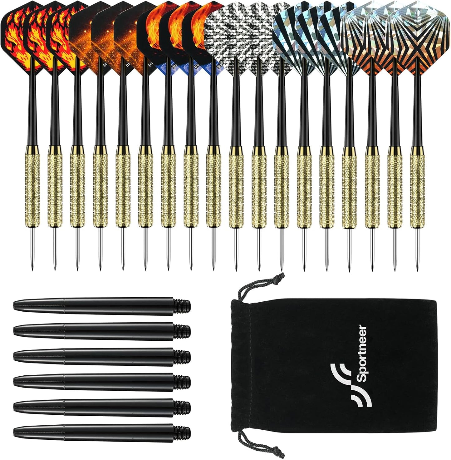 Darts Metal Tip Dart Set: Steel Tip Darts Set Professional Darts Brass Barrels Metal Tip Darts Extra Flights Premium Darts 18 Pcs for Dartboard with 6 Free PVC Dart Rods and Carrying Bag