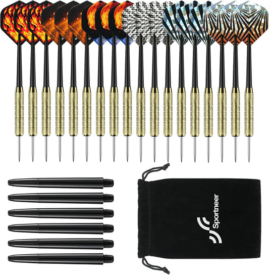 Darts Metal Tip Dart Set: Steel Tip Darts Set Professional Darts Brass Barrels Metal Tip Darts Extra Flights Premium Darts 18 Pcs for Dartboard with 6 Free PVC Dart Rods and Carrying Bag