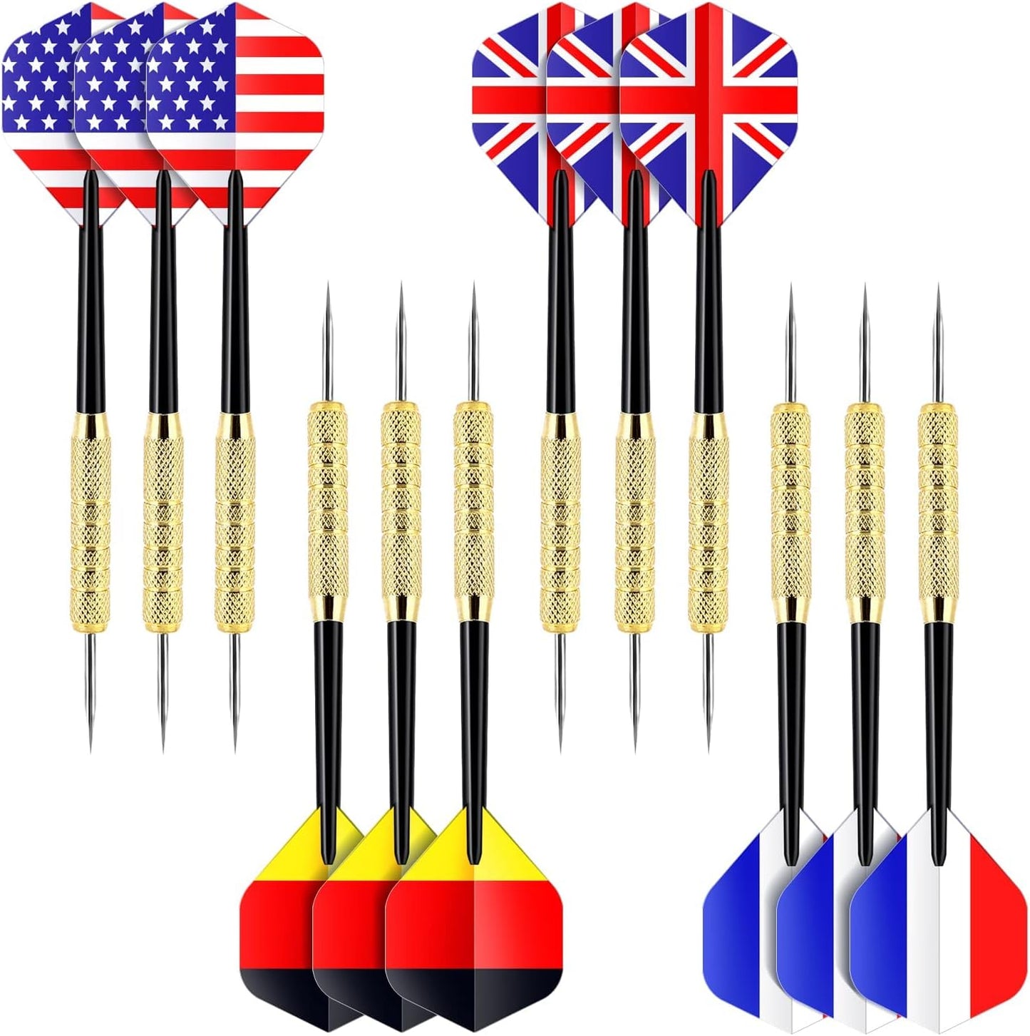 Steel Tip Darts, Professional Metal Darts with National Flag Flights (4 Styles) - Dart Metal Tip Set, 12 Pcs Metal Dart, Darts for Dartboard with 3 Free PVC Dart Rods