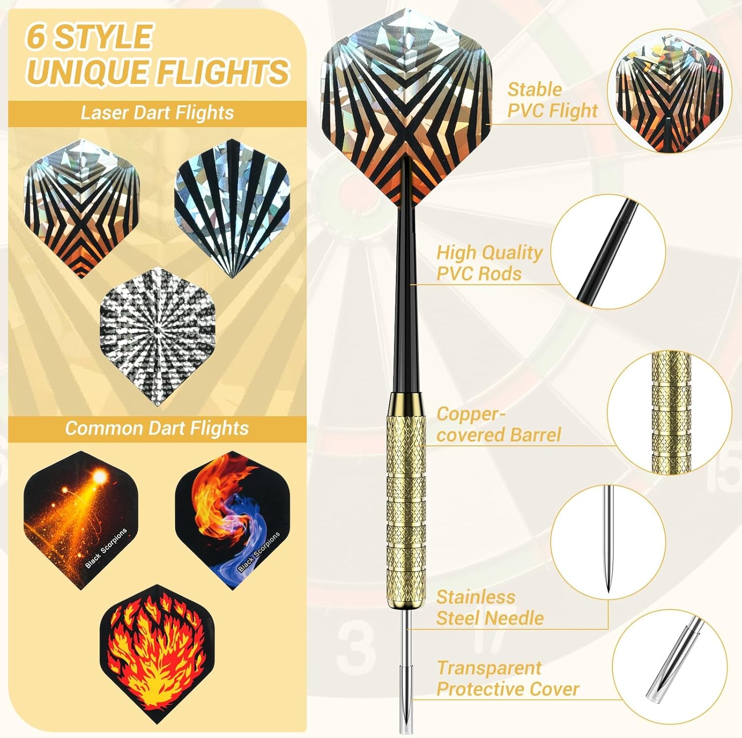 Darts Metal Tip Dart Set: Steel Tip Darts Set Professional Darts Brass Barrels Metal Tip Darts Extra Flights Premium Darts 18 Pcs for Dartboard with 6 Free PVC Dart Rods and Carrying Bag