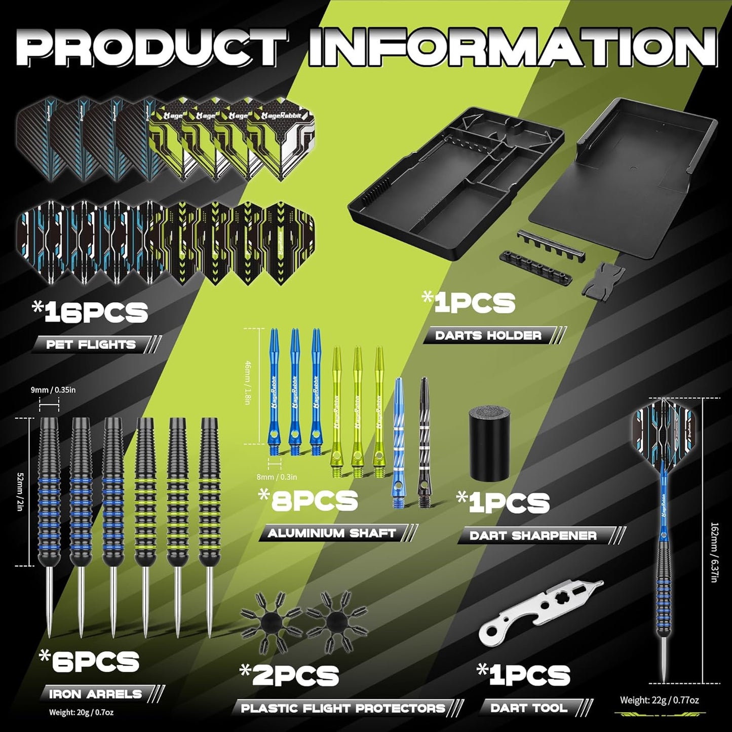 Professional Metal Tip Darts 6Pcs 22G, Tournament-Grade Steel Tip Darts with Extra16 Dart Flights, 8 Shafts & Sharpener ，Complete Dart Accessories Kit for League Play