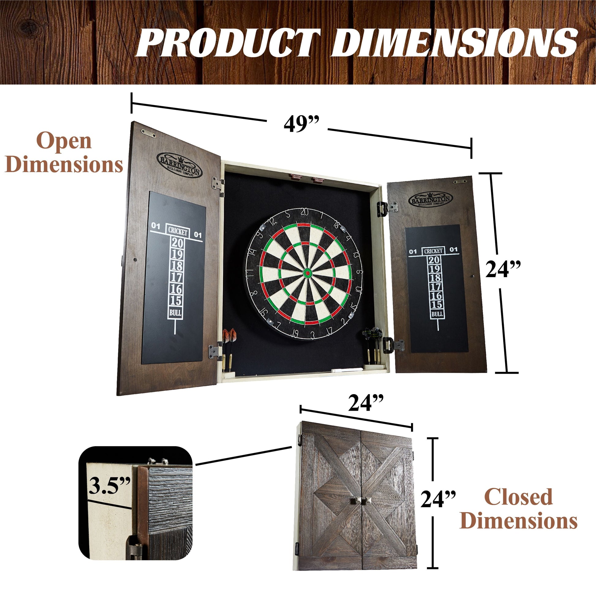 Bellevue Wood Dartboard Cabinet with 18-Inch Bristle Dartboard and Steel Tip Dart Set Perfect for Cricket by