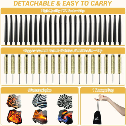 Darts Metal Tip Dart Set: Steel Tip Darts Set Professional Darts Brass Barrels Metal Tip Darts Extra Flights Premium Darts 18 Pcs for Dartboard with 6 Free PVC Dart Rods and Carrying Bag