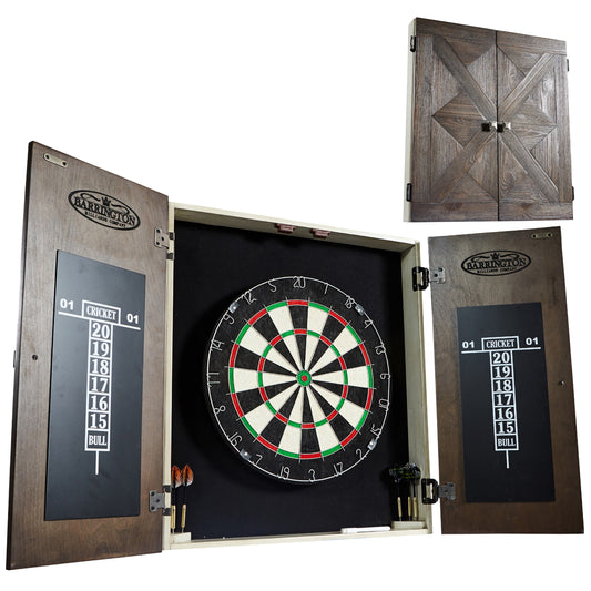 Bellevue Wood Dartboard Cabinet with 18-Inch Bristle Dartboard and Steel Tip Dart Set Perfect for Cricket by