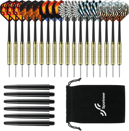 Darts Metal Tip Dart Set: Steel Tip Darts Set Professional Darts Brass Barrels Metal Tip Darts Extra Flights Premium Darts 18 Pcs for Dartboard with 6 Free PVC Dart Rods and Carrying Bag