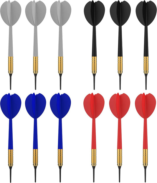 12Pk Soft Tip Dart Set - 4 Team Colors - White, Blue, Red, Black - Steel Barrels - Multi Use - One Piece Construction