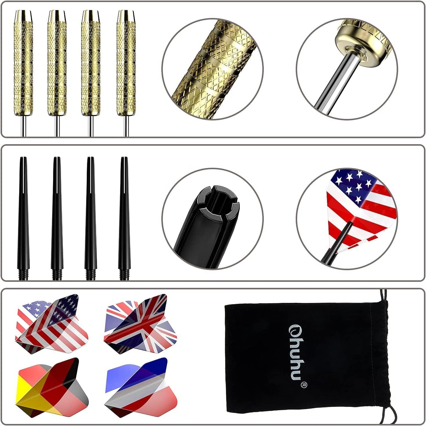 Steel Tip Darts, Professional Metal Darts with National Flag Flights (4 Styles) - Dart Metal Tip Set, 12 Pcs Metal Dart, Darts for Dartboard with 3 Free PVC Dart Rods